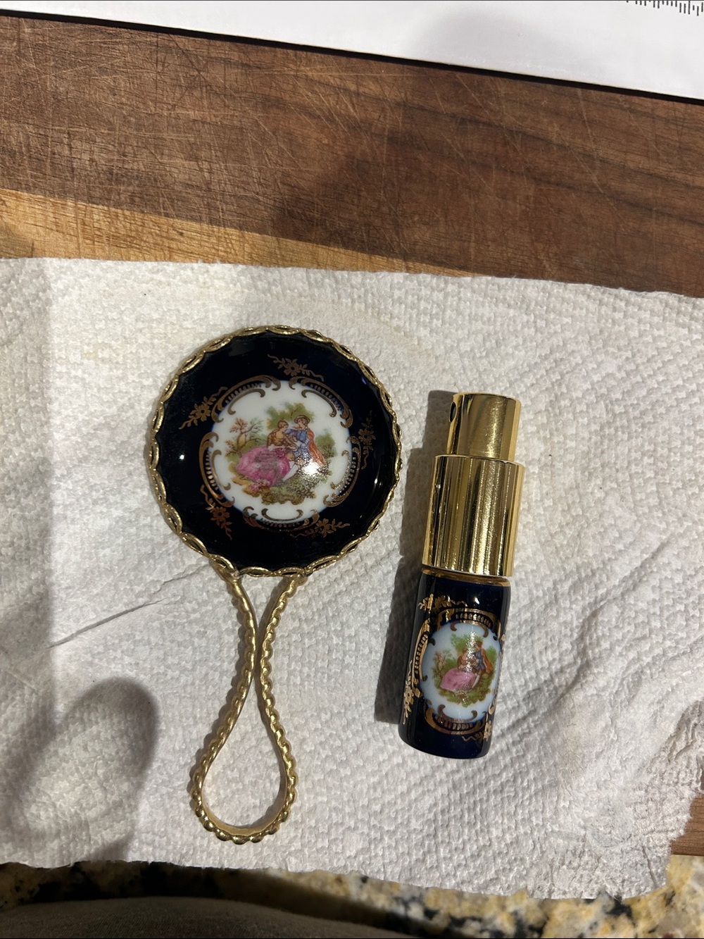 Vintage Limoges castel France Navy and Gold Hand Mirror and Perfume Atomizer Set